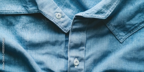 Close-up shot of a light blue denim shirt, featuring fabric texture in the background with copy space, arranged in a flat lay.