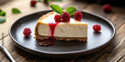 Plate featuring delicious homemade cheesecake on a wooden table.