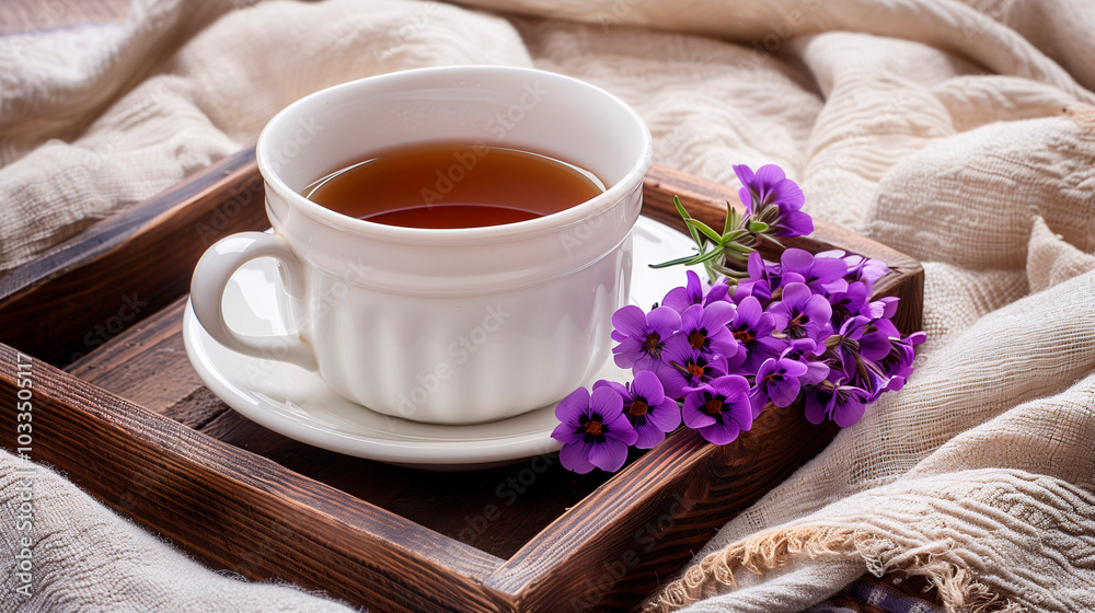 Taza de té con flores moradas sobre bandeja de madera Taza de té con flores moradas sobre bandeja de madera