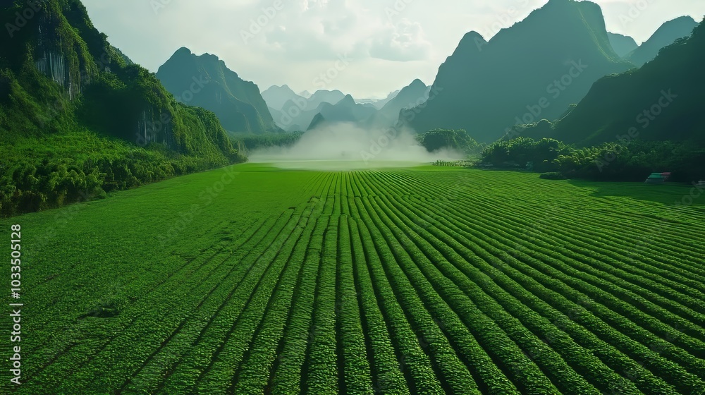 Obraz premium Water Conservation in Agriculture: Early Morning Irrigation in a Vegetable Field