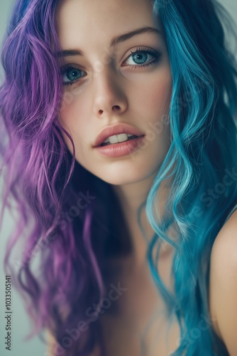 A woman with purple and blue hair is smiling at the camera. The image has a fun and playful mood, as the woman's colorful hair and bright smile convey a sense of joy and confidence