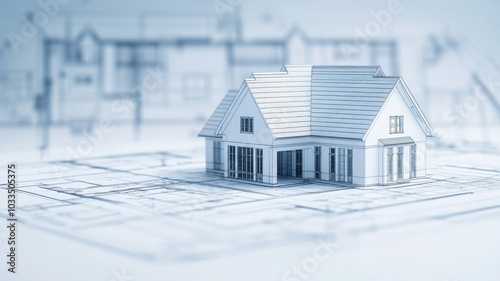 A detailed architectural model of a house on a blueprint background, showcasing design and construction concepts.