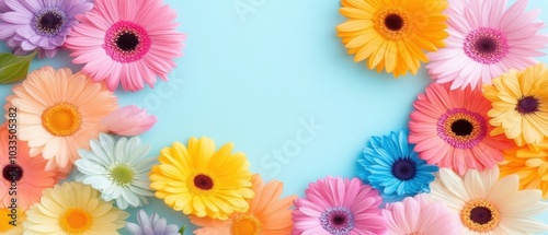A vibrant border of multicolored flowers on a soft blue background, creating a cheerful and fresh atmosphere for any project.