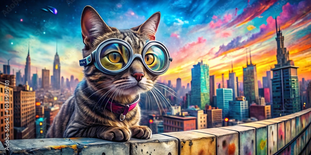 Obraz premium Adventurous Cat in Goggles Exploring Urban Landscapes - Urban Exploration Photography with Feline Friend Capturing City Vibes and Unique Perspectives in Urban Environments