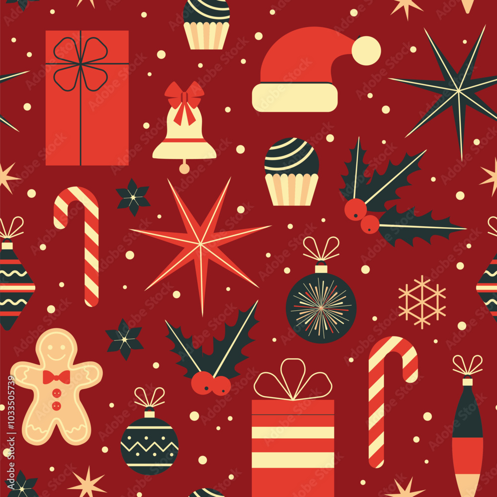Christmas Seamless Pattern in Vintage Red Colors