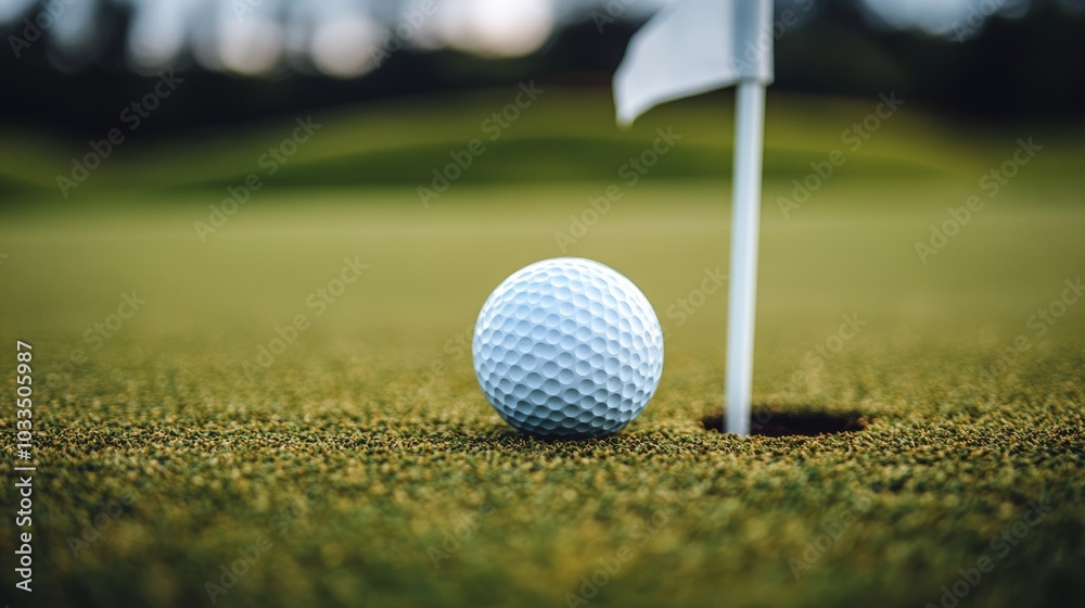 Obraz premium Golf ball close-up on green grass with white flag and copy space.
