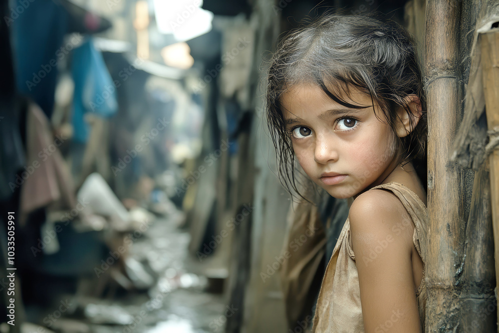 Sad portrait of a little girl from the slums looking at the camera amidst cluttered streets filled with garbage and makeshift wooden structures Sad portrait of a little girl from the slums looking at the camera amidst cluttered streets filled with garbage and makeshift wooden structures