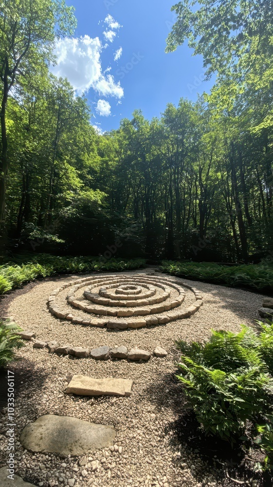 A serene natural stone labyrinth nestled in a secluded forest clearing, symbolizing tranquility and introspection. A serene natural stone labyrinth nestled in a secluded forest clearing, symbolizing tranquility and introspection.