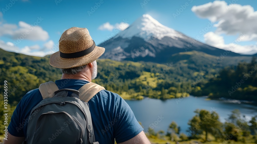 Obraz premium A tourist standing in at the mesmerizing sight of a volcano erupting in the distance surrounded by a dramatic natural landscape
