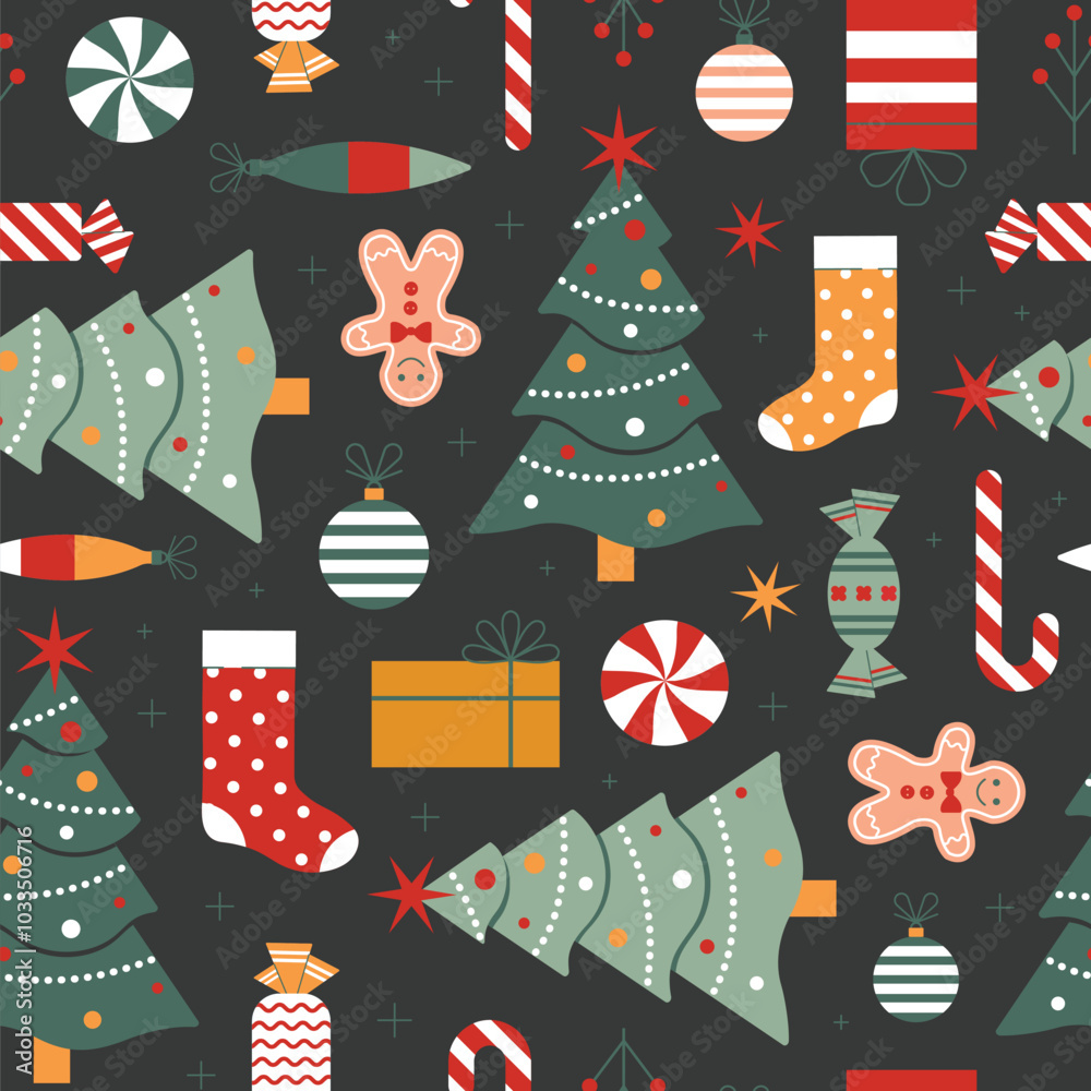 Christmas Seamless Pattern with Holiday Tree