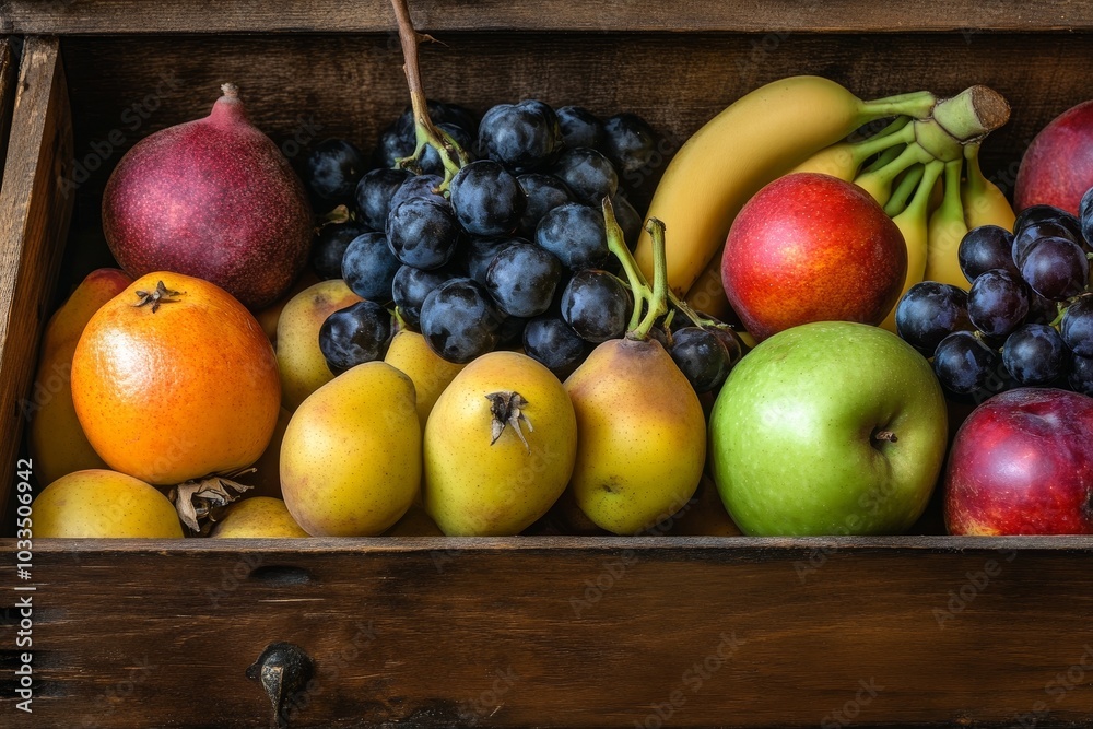 A wooden box overflowing with a variety of fresh fruits, including grapes, apples, bananas, pears, nectarines, and a pomegranate. A wooden box overflowing with a variety of fresh fruits, including grapes, apples, bananas, pears, nectarines, and a pomegranate.