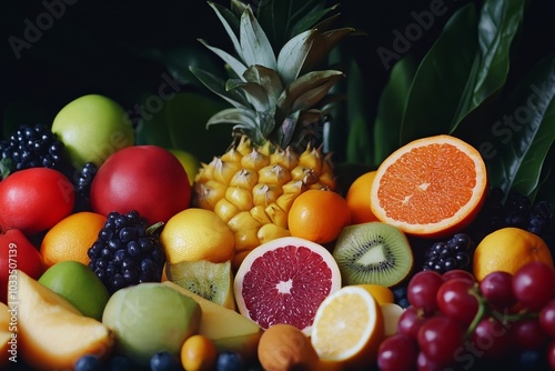 A vibrant display of fresh fruits like pineapple, oranges, apples, grapes, and kiwi against a dark background. photo