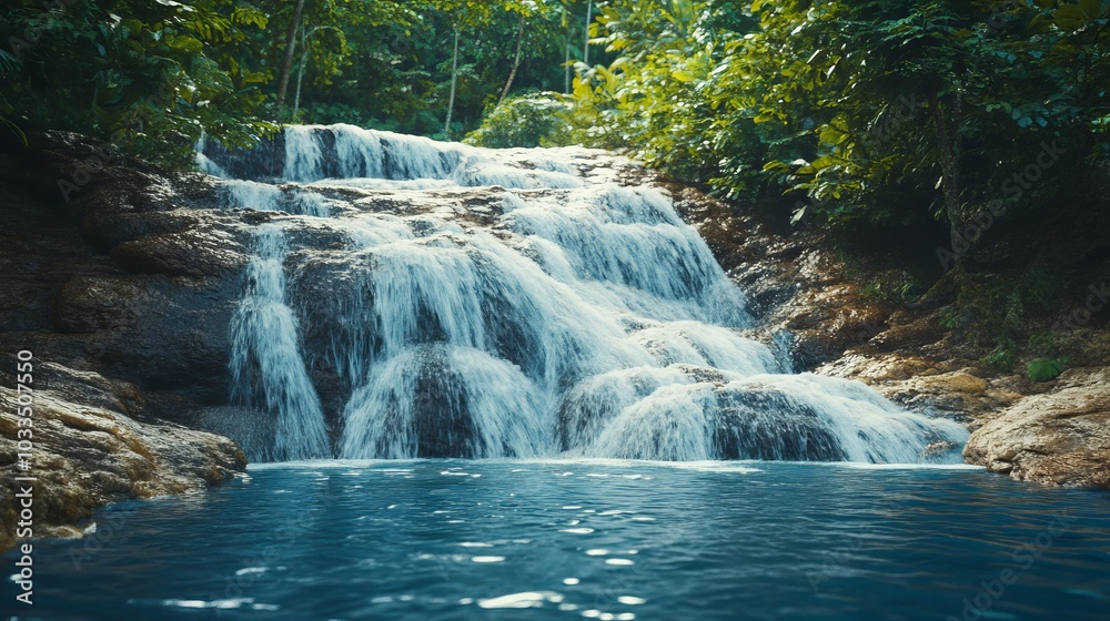 Naklejka premium Lush Rainforest Waterfall - Immerse yourself in the tranquility of a cascading waterfall surrounded by vibrant green foliage.