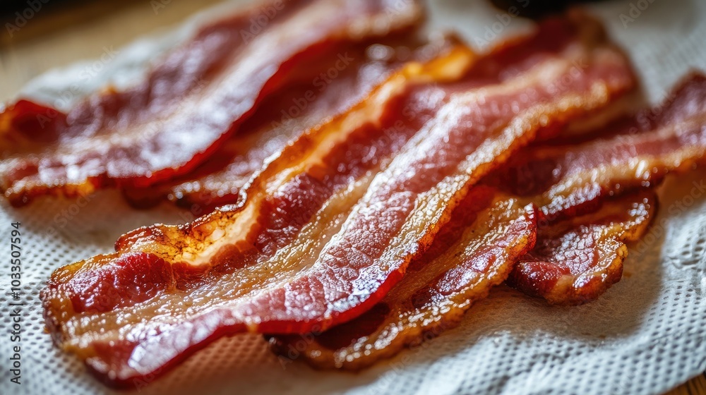 Crispy and Delicious Cooked Bacon Strips on Paper Towel Crispy and Delicious Cooked Bacon Strips on Paper Towel