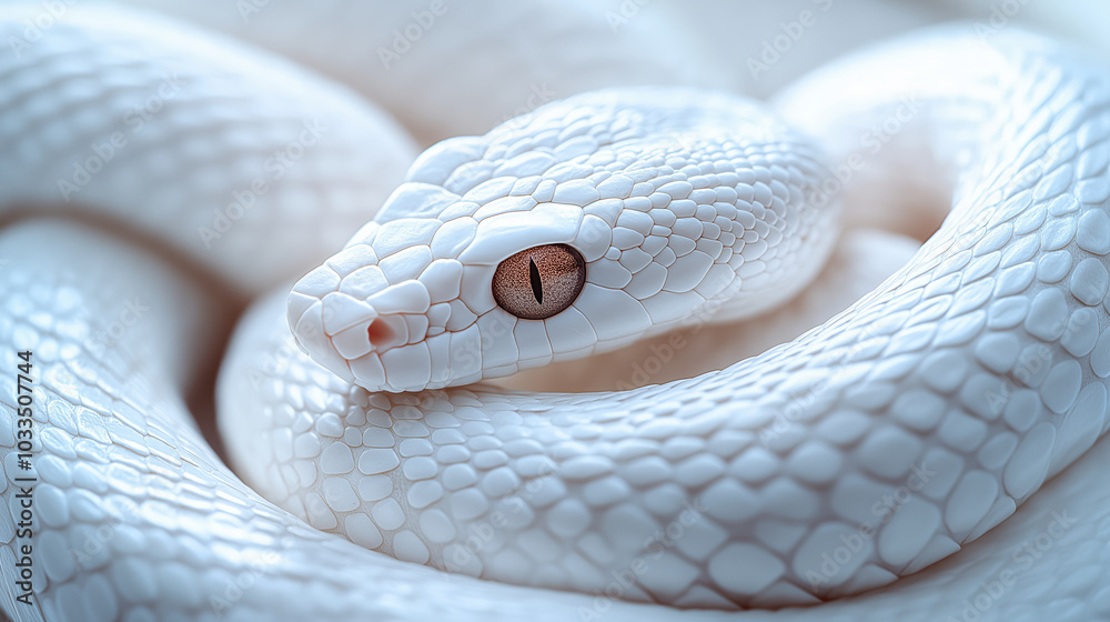 Fototapeta premium Majestic Albino Snake Coiled with Striking Eyes in Serene Focus
