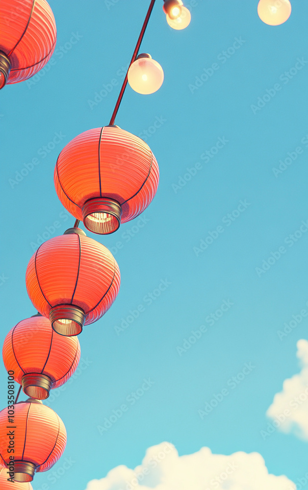 Fototapeta premium Red lanterns filling the sky above the clouds 