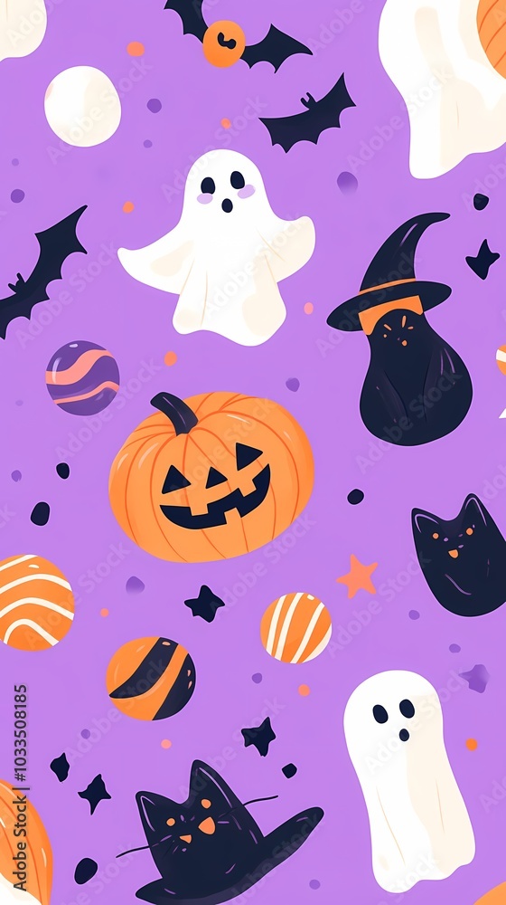 Naklejka premium Colorful and playful Halloween-themed pattern featuring ghosts and pumpkins.