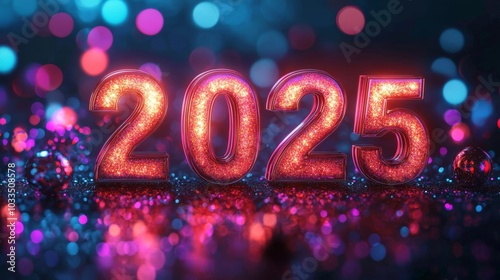 Happy New Year background with 2025 shiny numbers made of pink light on vibrant wall background. Festive celebration banner