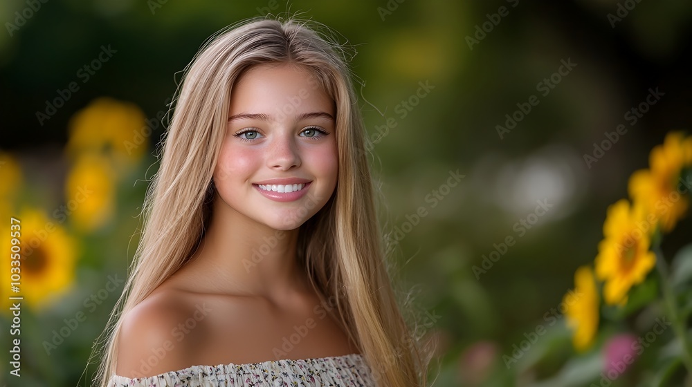 Naklejka premium A young woman standing in a picturesque field of vibrant sunflowers in full bloom on a bright warm summer day The serene natural landscape creates a sense of tranquility and beauty