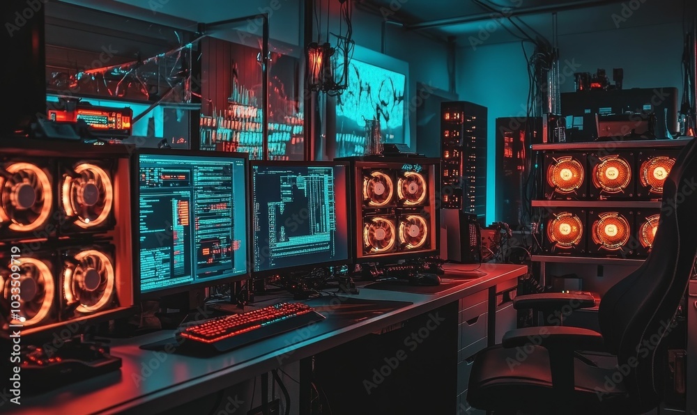 Gaming setup with red and blue lights. Gaming setup with red and blue lights.