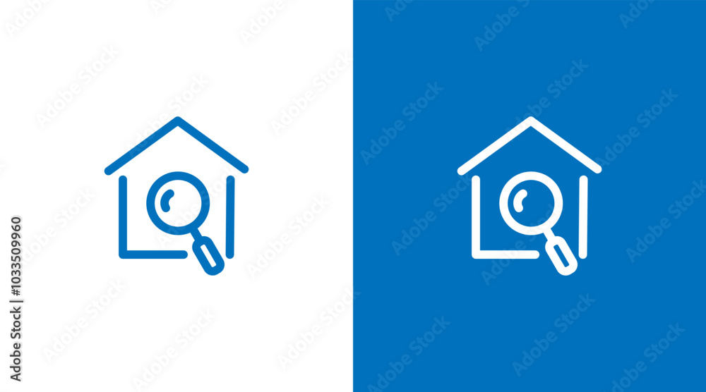 Magnifying glass and house building logo. House search logo icon design. Find house logo design Magnifying glass and house building logo. House search logo icon design. Find house logo design