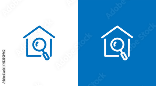 Magnifying glass and house building logo. House search logo icon design. Find house logo design