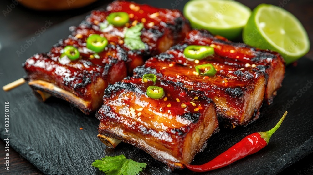 Grilled BBQ Ribs with Lime and Chili Garnish Grilled BBQ Ribs with Lime and Chili Garnish