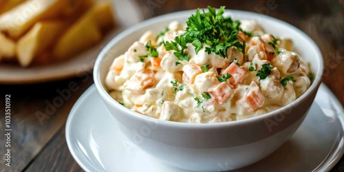 Traditional Russian Olivier Salad with Mayonnaise in a White Bowl and on a Plate.