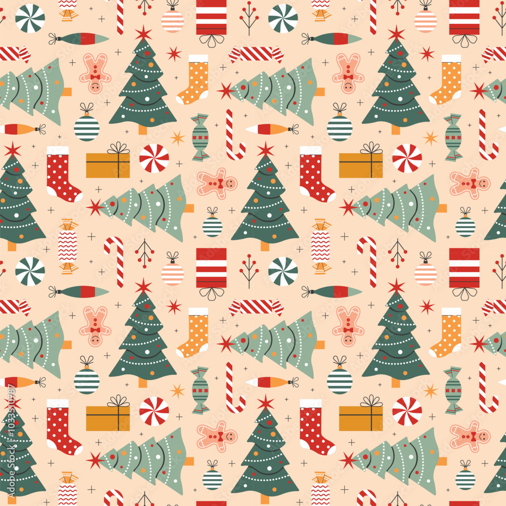 Christmas Seamless Pattern with Holiday Tree