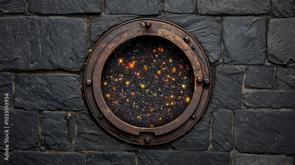 Circular porthole revealing a starry night sky against a textured stone wall. Circular porthole revealing a starry night sky against a textured stone wall.