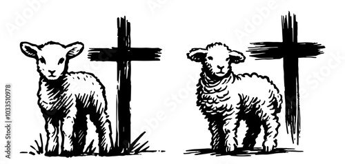 sacred objects and symbols of christianity in line art sketch black vector