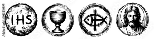 spiritual devotion represented through abstract religious symbols in black sketch