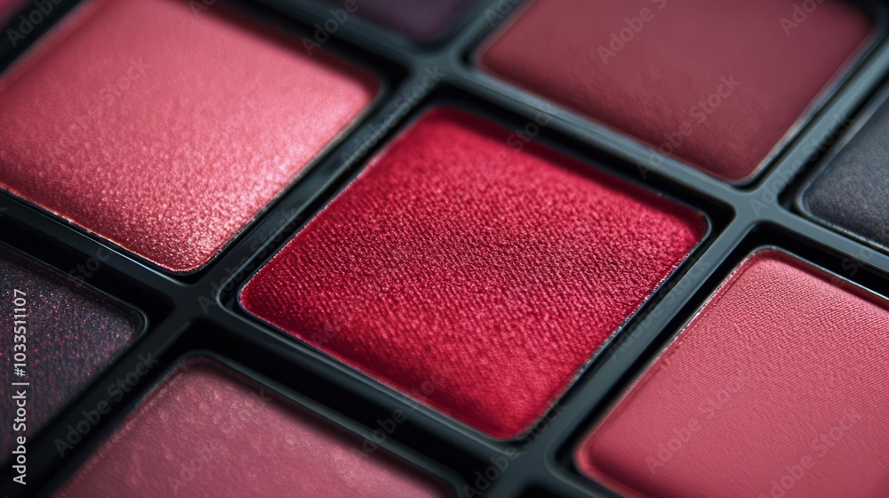 Fototapeta premium Close-up of a makeup palette featuring various shades of red and pink cosmetics.