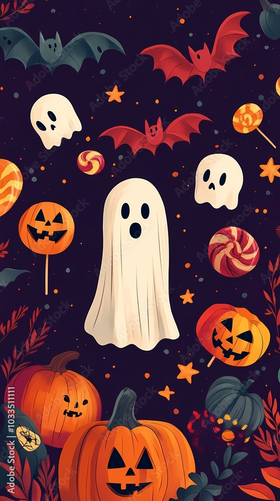 Spooky Halloween scene featuring ghosts, bats, and carved pumpkins. Spooky Halloween scene featuring ghosts, bats, and carved pumpkins.