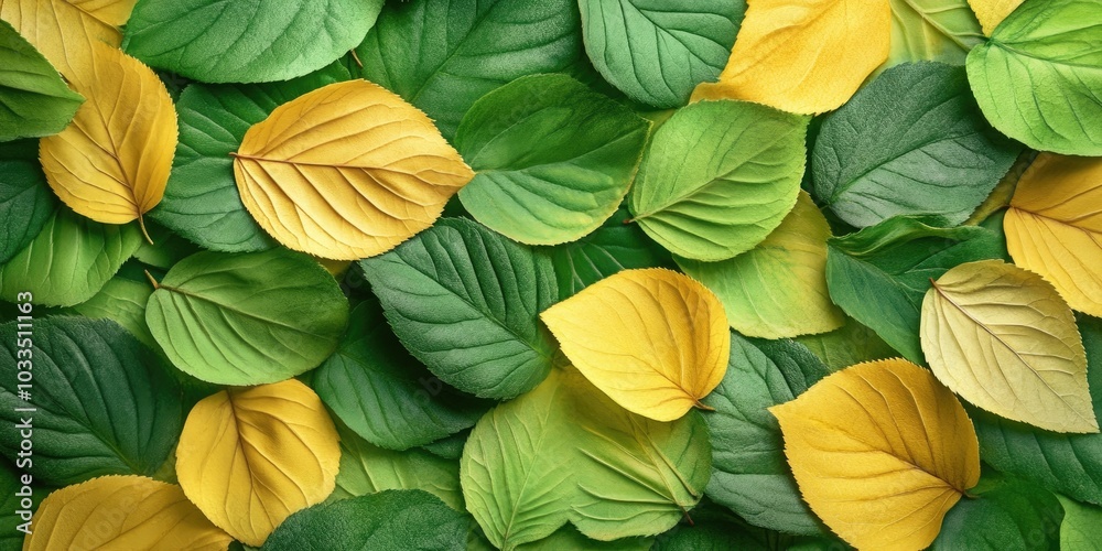 Create a card using green and yellow leaves for an abstract background. Nature concept, flat lay, copyspace, sketchbook. Create a card using green and yellow leaves for an abstract background. Nature concept, flat lay, copyspace, sketchbook.