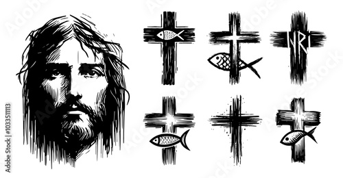 religious iconography and christian symbols in simple line art sketch black vector
