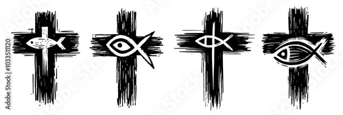 christian faith elements illustrated in elegant line art style black vector