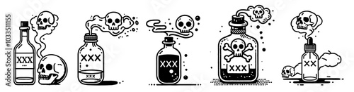 set of spooky poison bottle sketches with eerie details in black vector