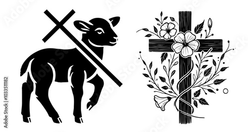 spiritual christian attributes in minimalist line drawing style black vector