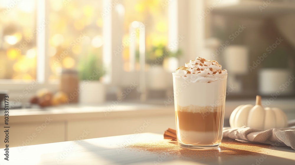 Coffee drink with whipped cream, caramel, and cinnamon, autumn setting Coffee drink with whipped cream, caramel, and cinnamon, autumn setting