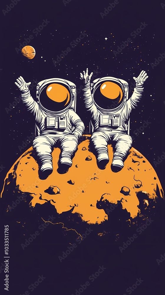 Two cheerful astronauts waving from a vibrant orange planet. Two cheerful astronauts waving from a vibrant orange planet.