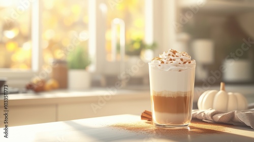 Coffee drink with whipped cream, caramel, and cinnamon, autumn setting