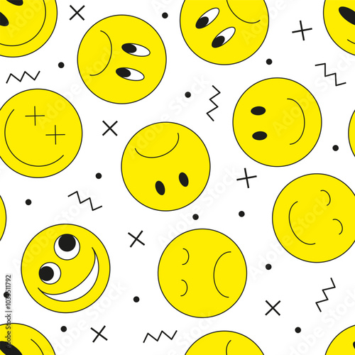 Vector illustration. Emoji smile icon seamless pattern on white background. Emoticons faces collection in flat cartoon style for web and social media