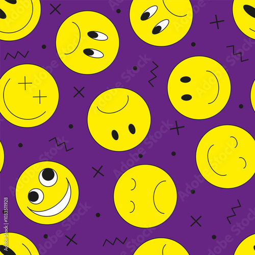 Vector illustration. Emoji smiling faces on bright background. Emoticons in flat cartoon style for web and social media. Seamless pattern	
