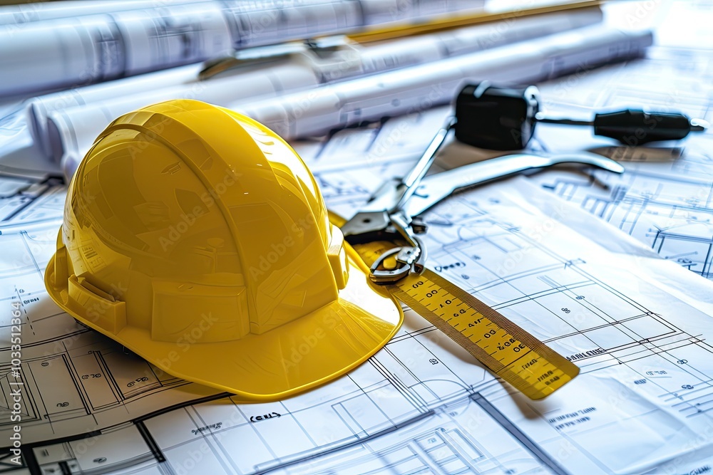 Construction tools on site hard hat, tape measure, pliers, blueprints Construction tools on site hard hat, tape measure, pliers, blueprints