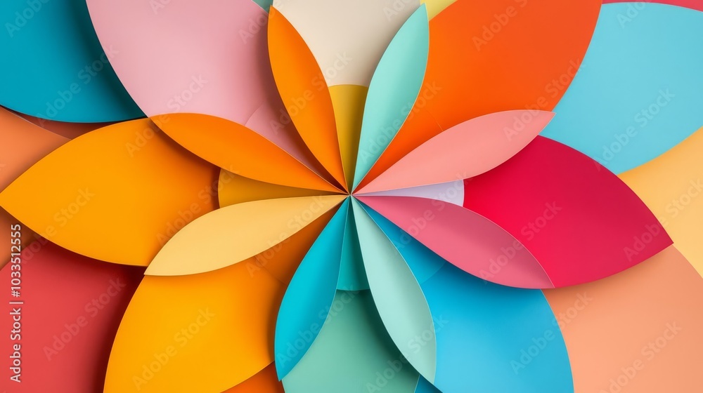 Colorful paper petals arranged in a circular pattern on a flat surface. Colorful paper petals arranged in a circular pattern on a flat surface.