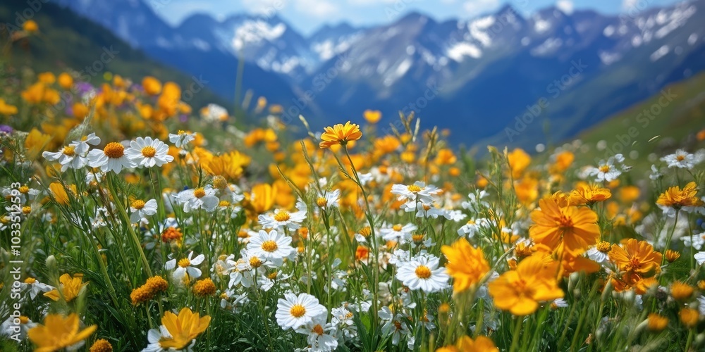 Obraz premium Countryside and mountain scenery featuring yellow, white, and colorful flowers.