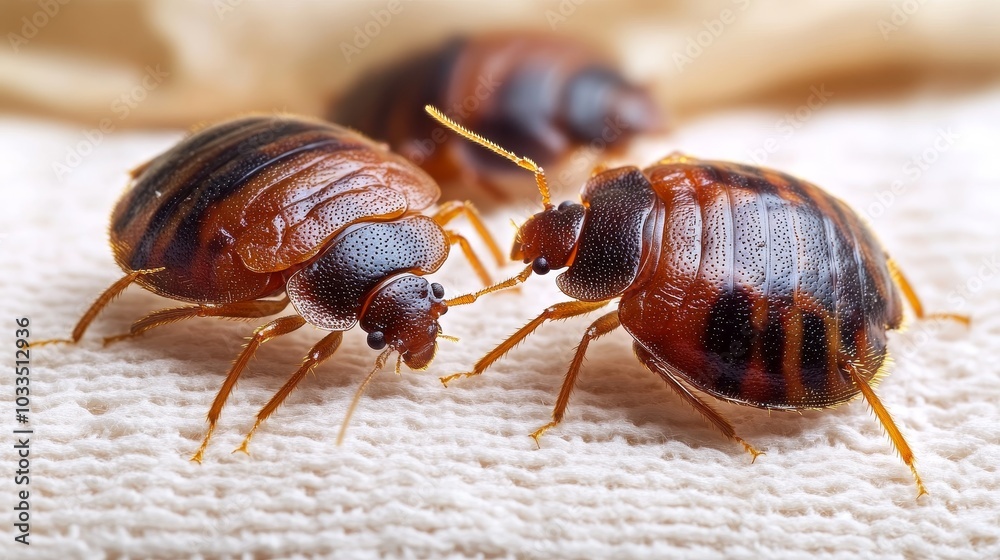 Close-up of Bed Bug Infestation on Fabric - Macro Photography Revealing Pest Problem in Apartment Bedroom.