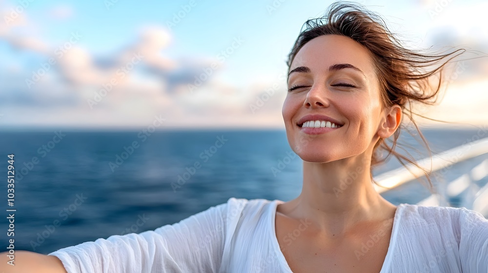 A woman standing on a balcony gazing out at the wide open ocean as the sun sets in a dramatic fiery display of colors across the horizon The serene A woman standing on a balcony gazing out at the wide open ocean as the sun sets in a dramatic fiery display of colors across the horizon The serene