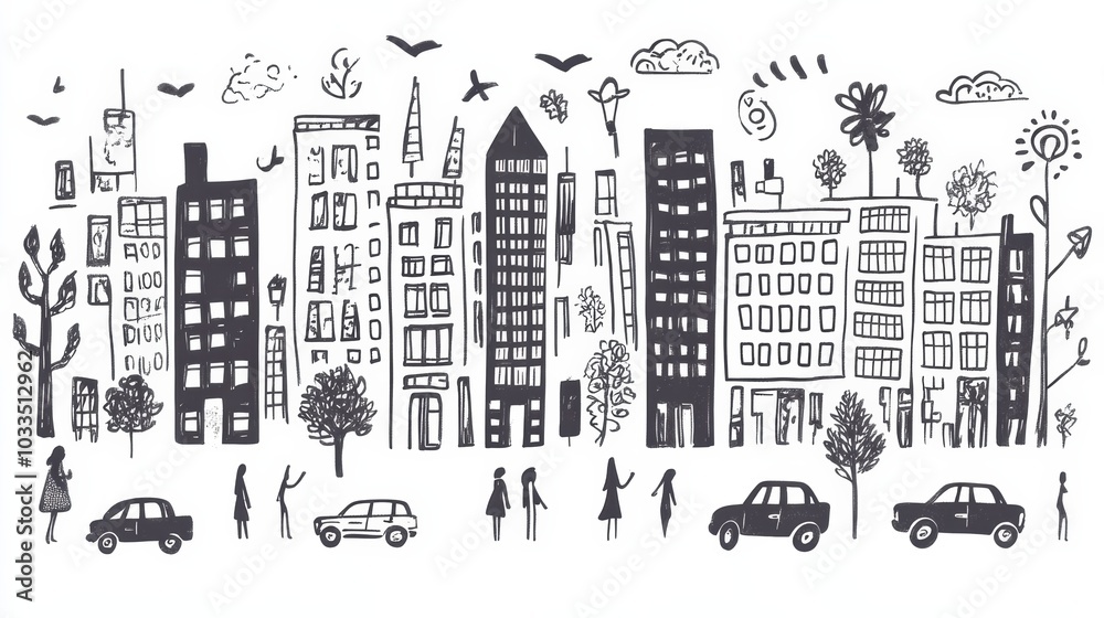 Obraz premium Delightful urban doodles showcase a lively cityscape with hand-drawn buildings, cars, and animated figures enjoying street life. Generative AI